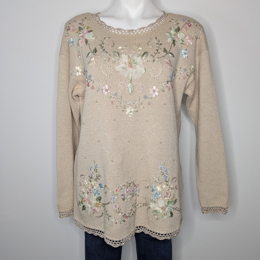 Vintage Bentley Tan Ribbon Floral & Bead Accented Sweater M